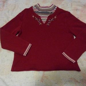 Vintage Haband Women's Red Striped Floral Long Sleeve V Neck Sweater Size Large